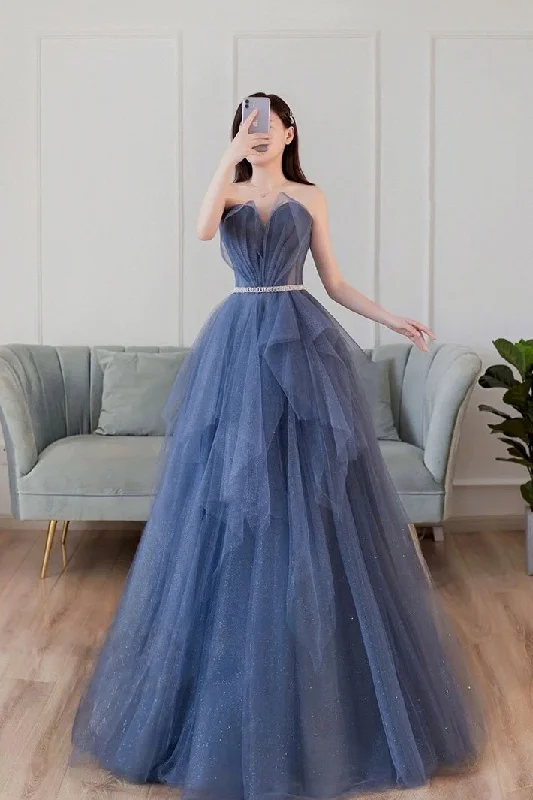 Blue sweetheart neck tulle long prom dress blue tulle formal dress,DS2024 Tulle Dress Formal