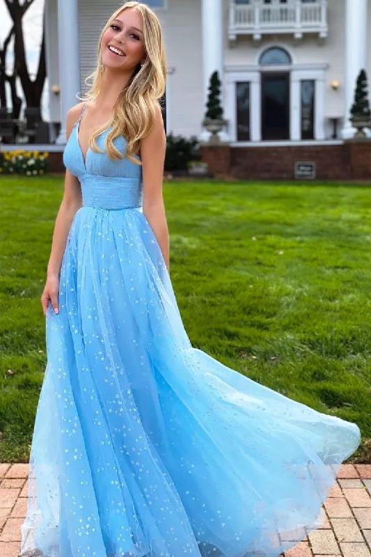 Blue v neck tulle beads long prom dress blue tulle evening dress,DS2089 Tulle Dress Set