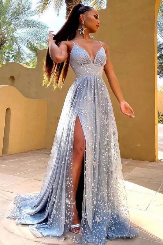 Blue v neck tulle long prom dress blue tulle formal dress,DS2154 Fluffy Tulle Dress