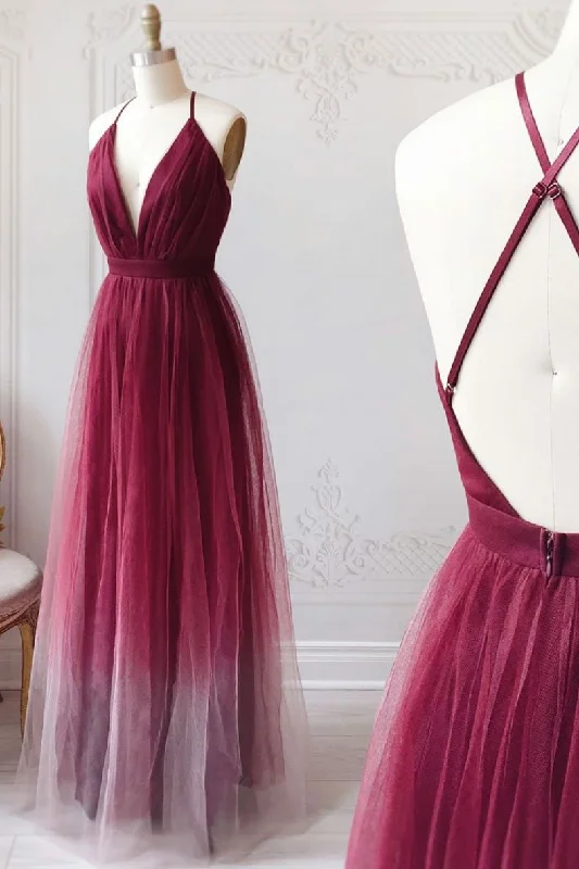 Burgundy v neck tulle long prom dress burgundy tulle long formal dress,DS2354 Tulle Dress Formal