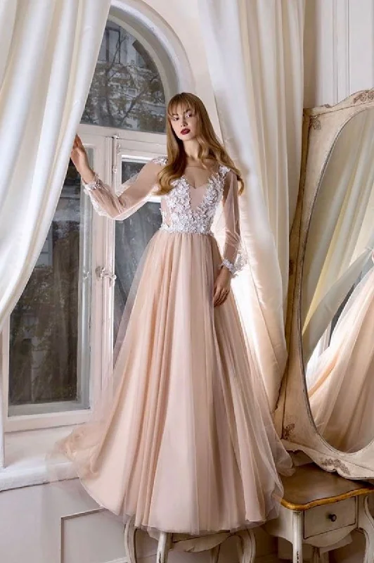 Champagne v neck tulle lace long prom dress tulle evening dress,DS2318 Full Tulle Dress