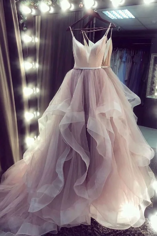 Champagne v neck tulle long prom dress champagne tulle formal dress,DS2083 Lace Tulle Dress