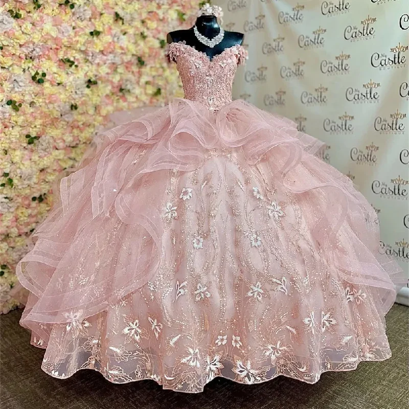 Coral Princess Quinceanera Dresses Princess 3D Flowers Ball Gown Birthday Gown Tulle Lace-Up Sweet 16 Dresses vestidos de 15 Soft Layered Tulle