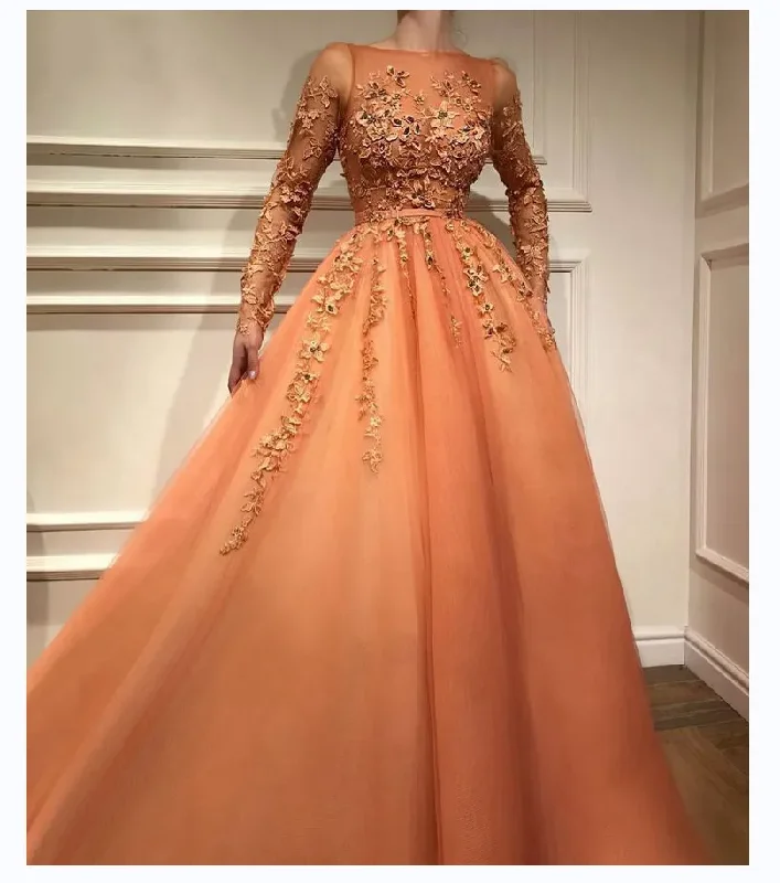 Custom Orange Long Sleeve 3D Flowers Appliques Floor-Length A-Line Tulle Sweep Train Formal Evening Dress Tulle Dress Flow