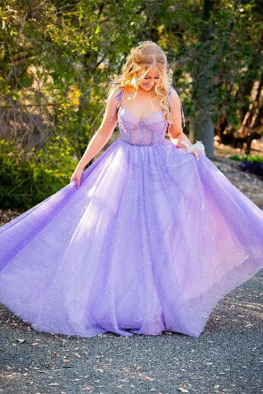 Dot Tulle A-Line Spaghetti Straps Prom Dresses with Bow Tie Lilac Sweetheart Lace Up Evening Gowns Valentine's Day Dating Dress Tulle Dress Color