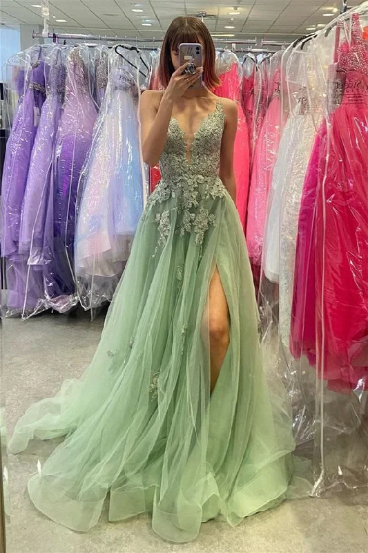 Dusty Sage A-line V Neck Appliques Tulle Long Prom Dress with Slit Tulle Dress Dazzle