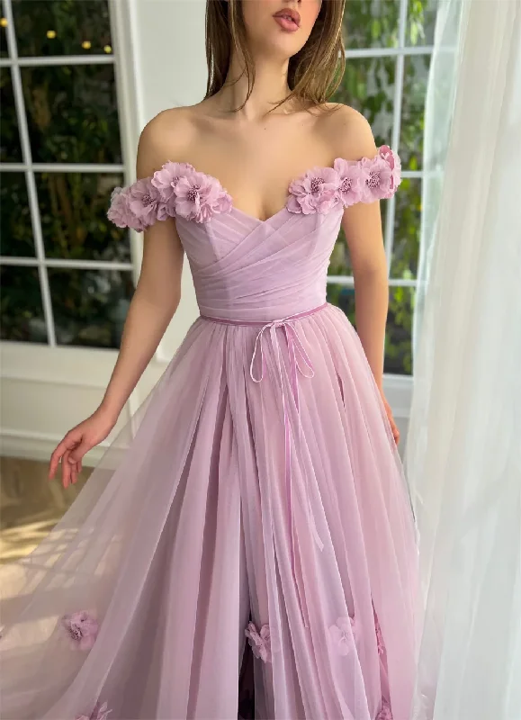 Elegant 3D Flower Dress Princess A-line Evening Dresses Sweet Side Split Vestidos De Noche Tulle Train Prom Dress A-line Tulle Gown