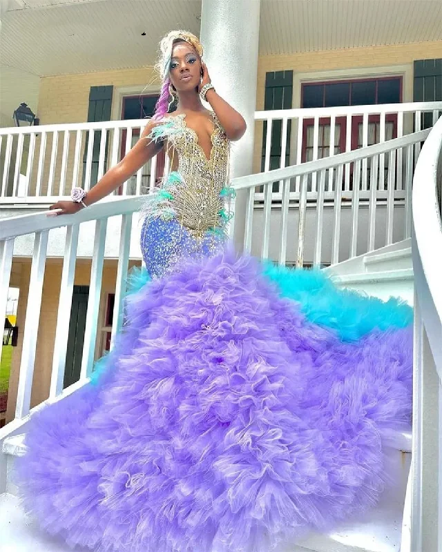 Elegant Lake Blue And Purple Prom Dresses Luxury Feathers Tulle Ruched Crystal Beading Mermaid Formal Eevning Occasion Gown Tulle Lace Gown