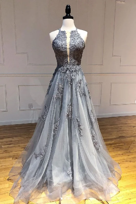 Gray tulle lace long prom dress gray tulle lace formal dress,DS2324 Casual Tulle Gown