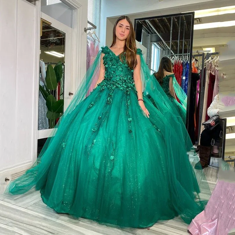 Green V-Neck Ball Gown Quinceanera Dresses 15 Years Sexy Off-Shoulder 3D Flower With Cape Tulle Formal Princess Birthday Gowns Tulle A-line Dress