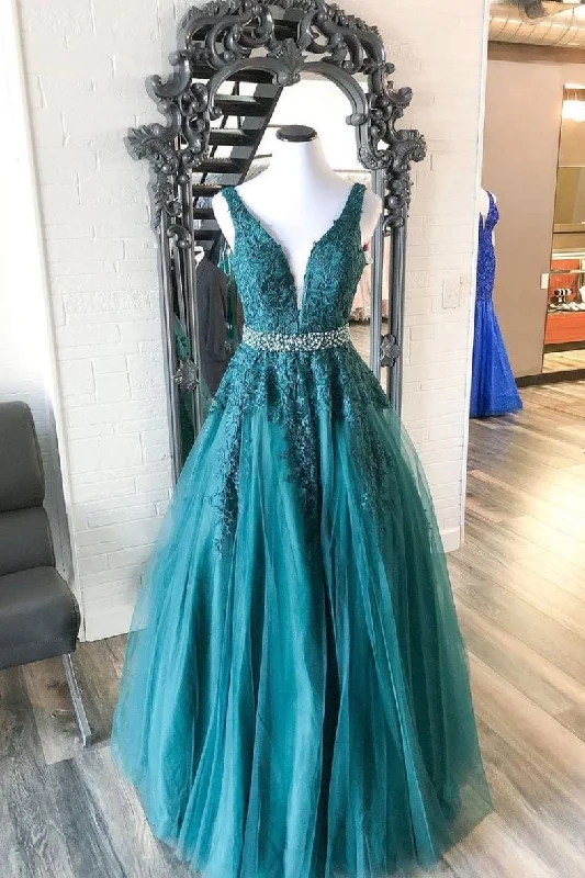 Green v neck tulle lace long prom dress, green formal dress,DS2071 Tiered Tulle Dress