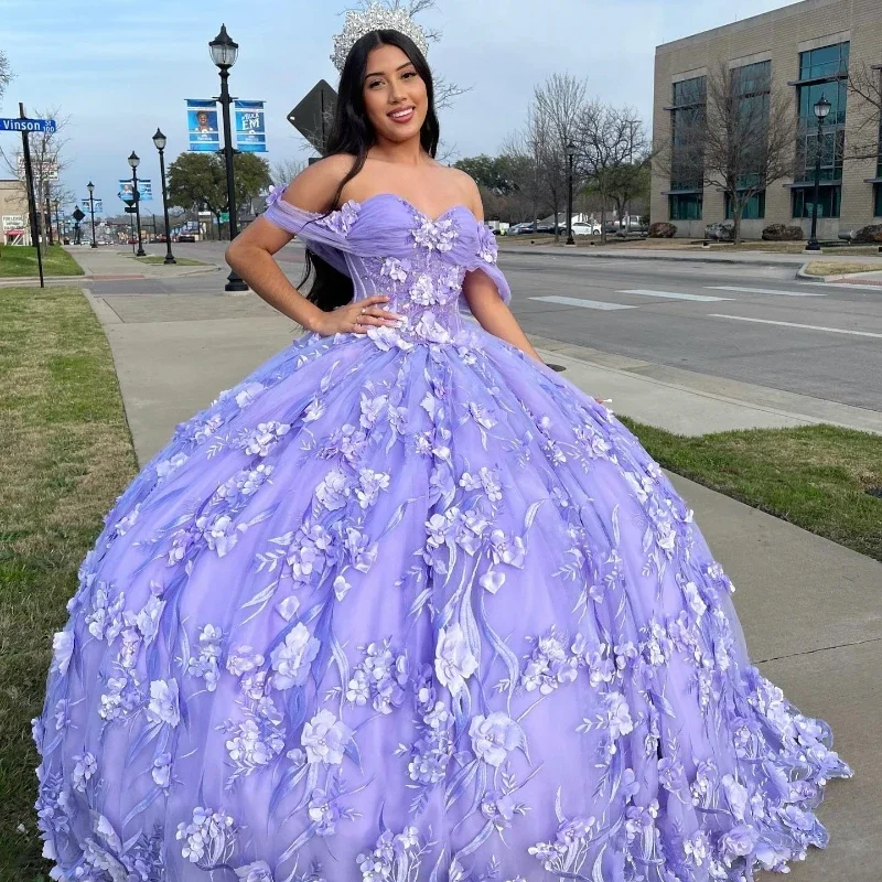 Lavender Princess 3D Flowers Sweetheart Quinceanera Dresses Ball Gown Beaded Lace Tulle Prom Dress Puffy Sweet 15 16 Gown Elegant Tulle Gown