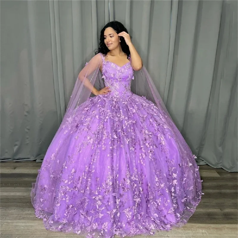 Lavender Quinceanera Dresses Ball Gown Spaghetti Straps Tulle Appliques Lace Sweet 16 Dresses 15 Años Mexican Tulle Dress Style