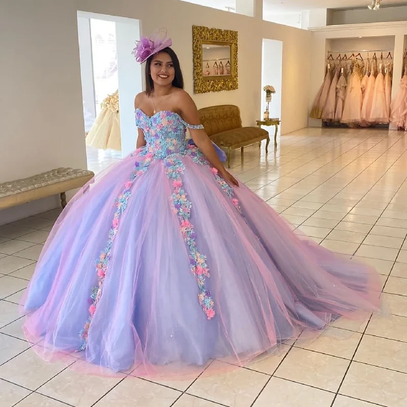 Lilac Princess Quinceanera Dresses Ball Gown Sweetheart Tulle Appliques Sweet 16 Dresses 15 Años Custom Tulle Dress Fashion