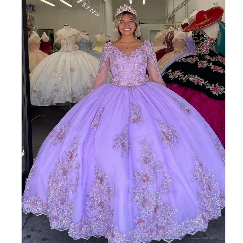 Lavender Sexy V-Neck Quinceanera Dresses Ball Gowns With Appliques Lace 3DFlower Tulle Sweet 16 Dress Court Train Vestidos De 15 Off-shoulder Tulle Dress