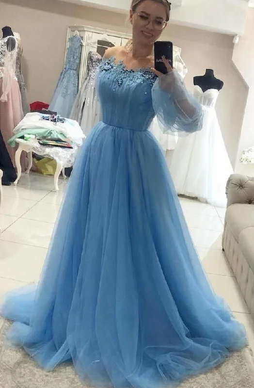 Off Shoulder Tulle Long Prom Dresses with Appliques and Beading,Winter Formal Dresses Tulle Dress Classic