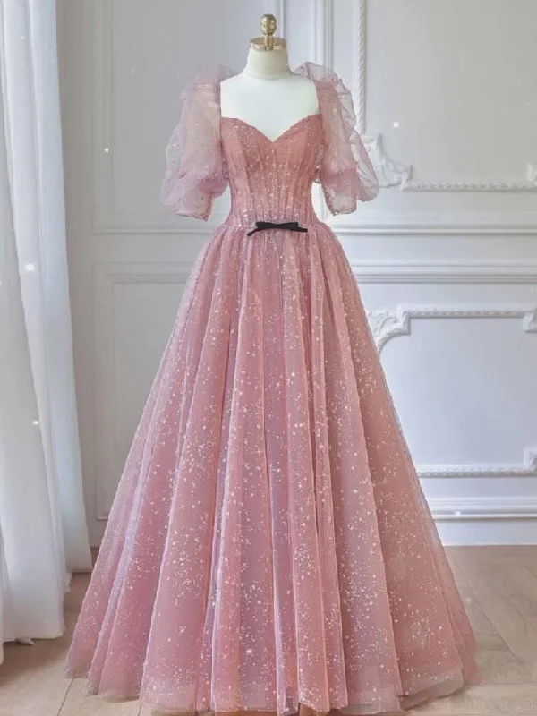 Pink A-line tulle lace long prom dress, pink lace formal dress,DS1952 Tulle Dress Puff