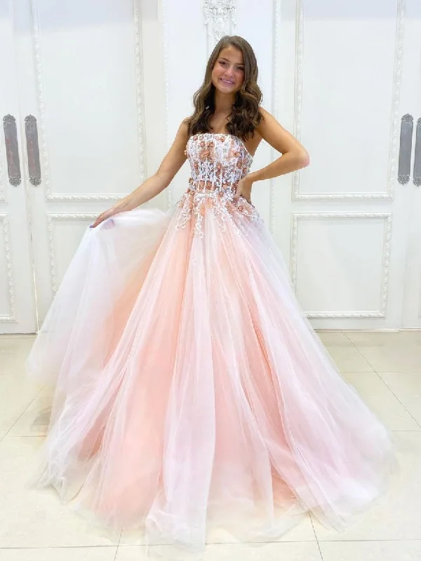 Pink A-line tulle lace long prom dress pink lace long evening dress,DS2003 Tulle Party Dress