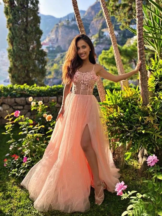 Pink Aline tulle lace long prom dress, pink formal dress Tulle Dress Twirl