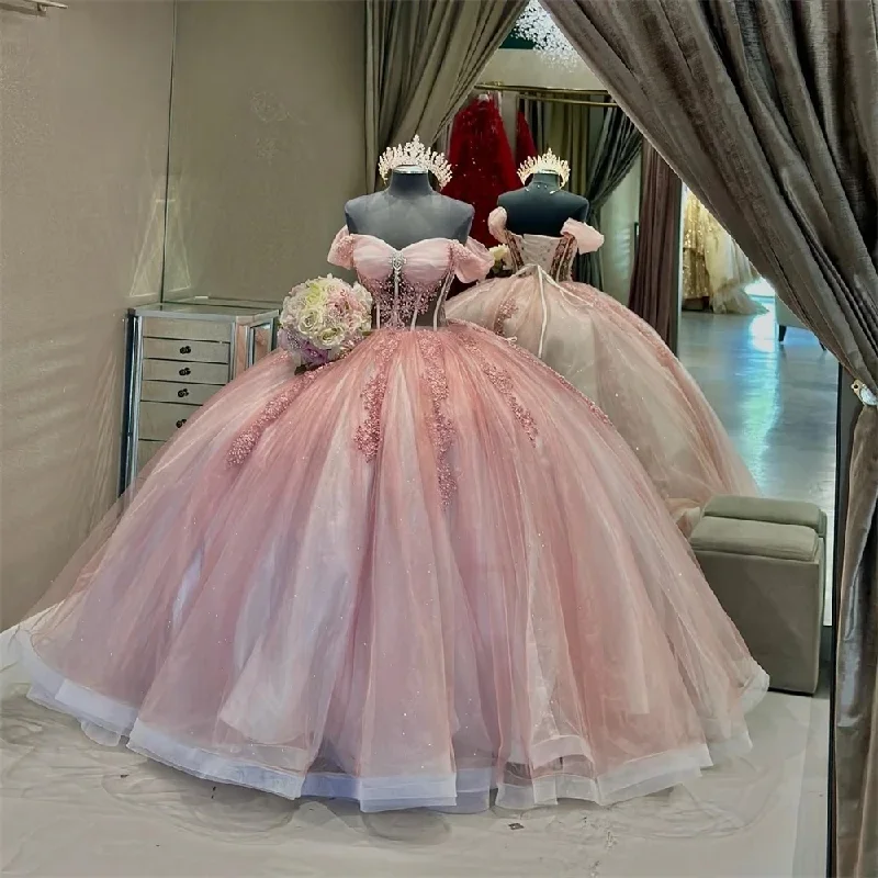 Pink Charro Quinceanera Dresses Ball Gown Off The Shoulder Tulle Appliques Mexican Sweet 16 Dresses 15 Anos Classic Tulle Dress