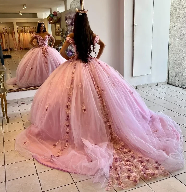 Pink Princess Quinceanera Dresses Ball Gown Off The Shoulder Tulle Appliques Sweet 16 Dresses 15 Años Custom Stylish Tulle Gown