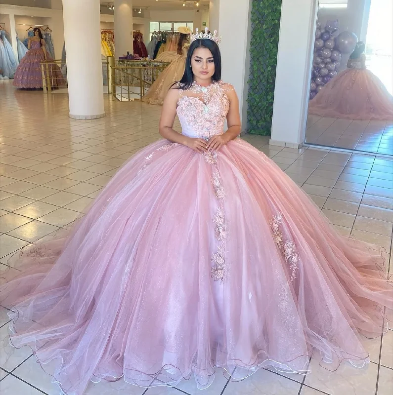 Pink Princess Quinceanera Dresses Ball Gown Sweetheart Tulle Appliques Sweet 16 Dresses 15 Años Custom Tulle Dress Flare