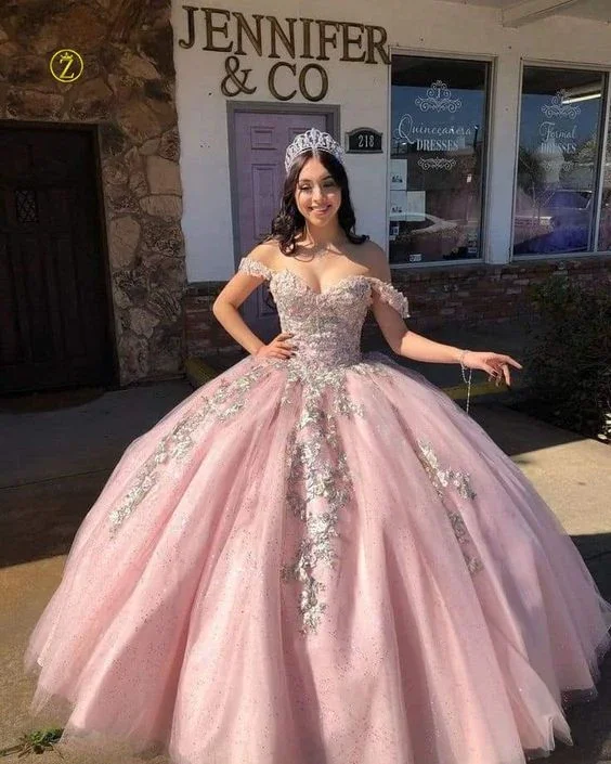 Pink Sweetheart Neckline Tulle Appliques 16 Princess Ball Gown Quinceanera Dress Prom Dress Formal Tulle Dress