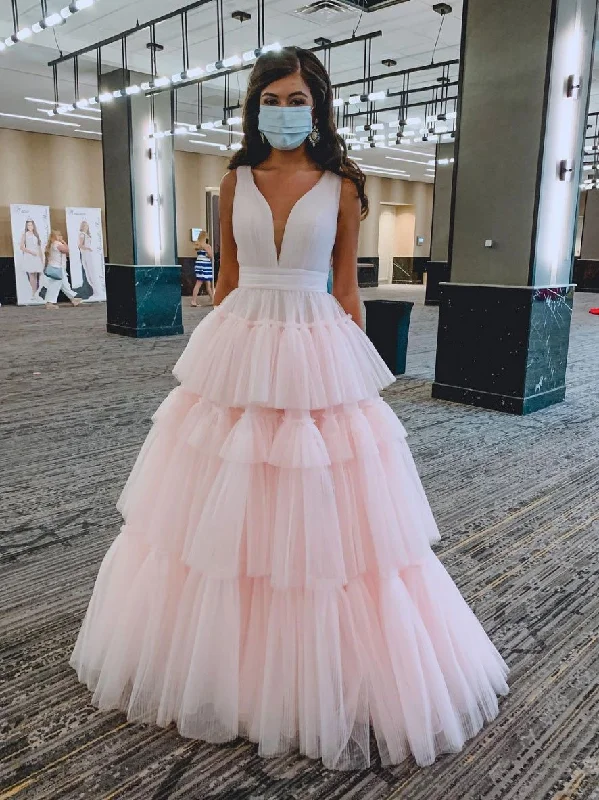 Pink v neck tulle long prom dress pink tulle formal dress,DS1997 Classic Tulle Dress