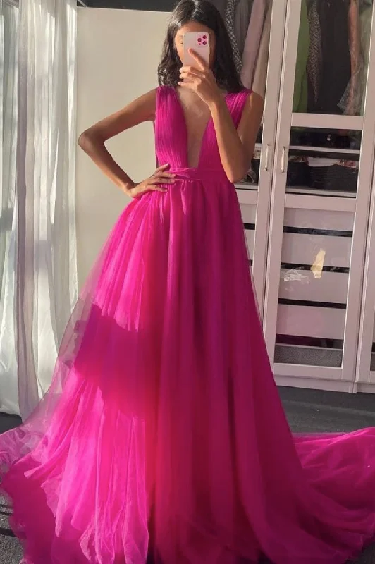 Plum red v neck tulle long prom dress tulle formal dress,DS2046 Tulle Dress Dream