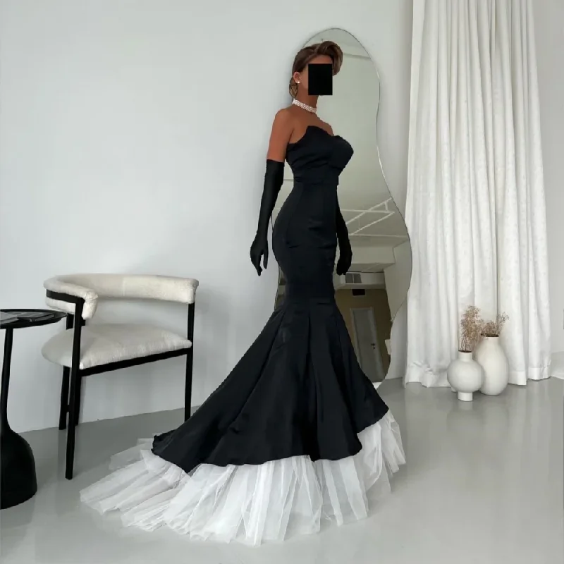 Prom Dress Saudi Arabia Elegant Retro Strapless Trumpet Brush Evening Gown Draped Tulle Hugging Velour Customized Tulle Dress Layers