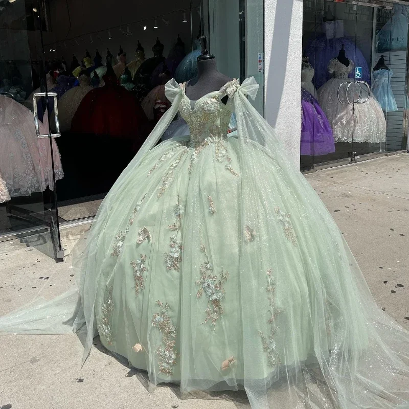 Sage Green Tulle Quinceanera Dresses Sweetheart Beads Applique Lace With Cape Ball Gown Sweet Sixteen Dress Gowns vestidos de 15 Elegant Tulle Dress