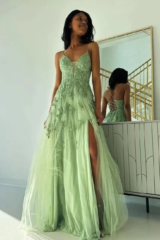 Sage Green V Neck Tulle A-Line Long Prom Dresses with Appliques Tulle Lace Dress