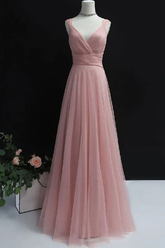 Simple pink tulle long prom dress pink tulle evening dress,DS2343 Tulle Dress Fit