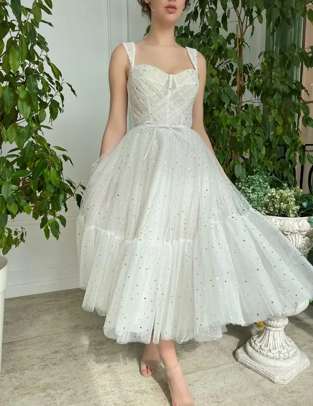 Tulle Spaghetti Straps A-line Homecoming Dresses Sweetheart Backless Pleated Girl's Tea-length Prom Gowns With Little Stars Tulle Dress Shine