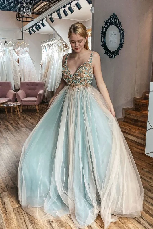 Unique v neck tulle lace long prom dress tulle formal dress,DS2327 Tulle Dress Glamour