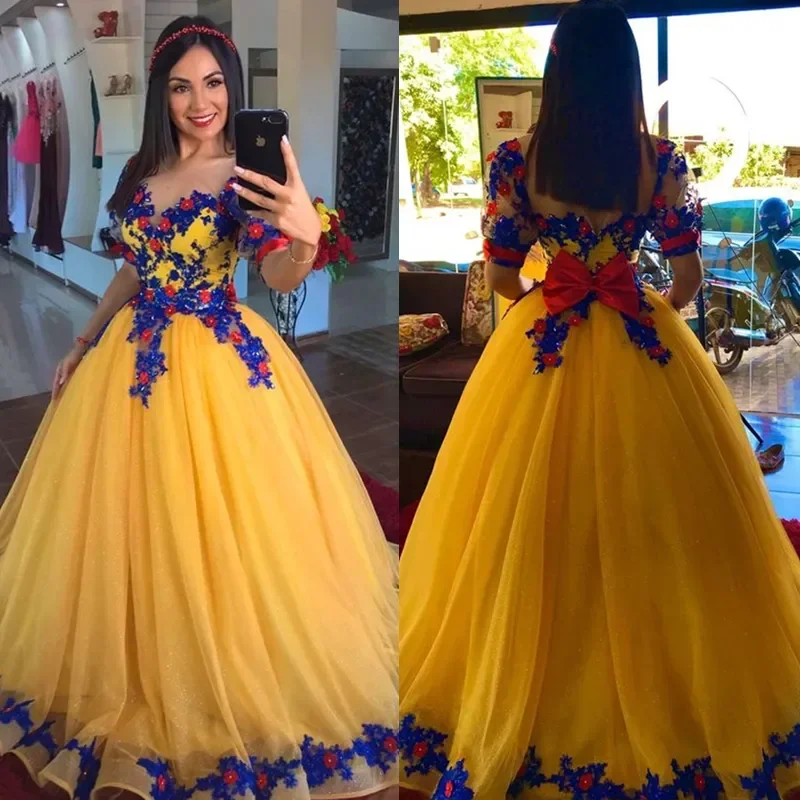 Yellow Gold Belle Princess Prom Dresses Sheer Neck Royal Blue Lace Appliques Fairy Tulle Costume Evening Gown Vestido De 15 Anos Glitter Tulle Dress