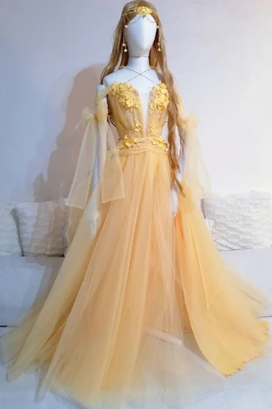 Yellow sweetheart tulle lace long prom dress yellow formal dress,DS2127 Boho Tulle Dress